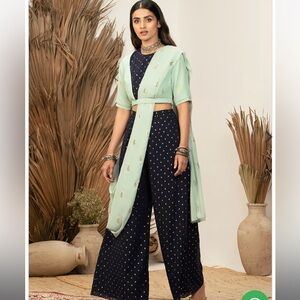 Payal Singhal for Indya Navy Foil Palazzo Pants Attached Dupatta without blouse